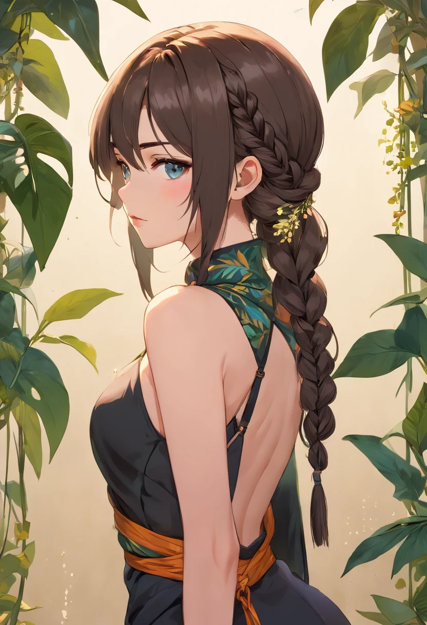 art by Dosso Dossi and Olivier Valsecchi and Franois Boucher and Alphonse Mucha, (masterpiece:1.2), (photorealism:1.2), realistic, best quality, official art, extremely detailed, (1girl:1.2), from behind, bare shoulder, bare back, looking back, solo, beautiful woman, tan skin, long hair, black hair, lipstick, serious, braid, perfect face, big dazzling eyes, upper body, exposed, Sienna sexy black clothes, revealing clothes, detailed ornaments,(Botanical illustration:1.5), shibari bondage, gothic, emo, dark make up