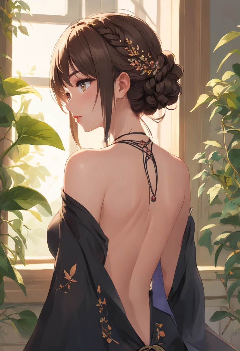 art by Dosso Dossi and Olivier Valsecchi and Franois Boucher and Alphonse Mucha, (masterpiece:1.2), (photorealism:1.2), realistic, best quality, official art, extremely detailed, (1girl:1.2), from behind, bare shoulder, bare back, looking back, solo, beautiful woman, tan skin, long hair, black hair, lipstick, serious, braid, perfect face, big dazzling eyes, upper body, exposed, Sienna sexy black clothes, revealing clothes, detailed ornaments,(Botanical illustration:1.5), shibari bondage, gothic, emo, dark make up
