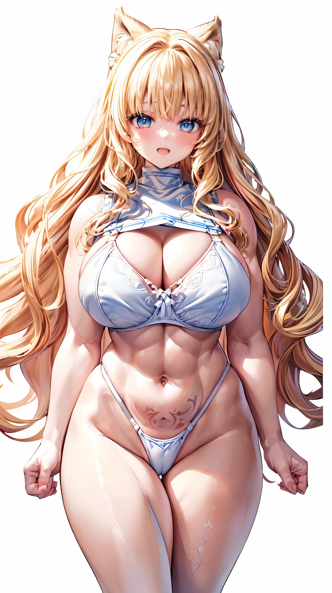 Very detailed、highest quality、Best image quality、masterpiece、8k、Anime Face、A kind smile、(Open your mouth:1.3)、Sparkling blue eyes、(Blonde Wavy Hair:1.5)、(Muscles of the whole body:1.3)、(highleg:2.0)、Thigh belt、(Cowboy Shot:1.5)、(SFW Giant)、(Thick body:1.2)、(bra:1.5)、(sxspnts)、(White background:1.5)