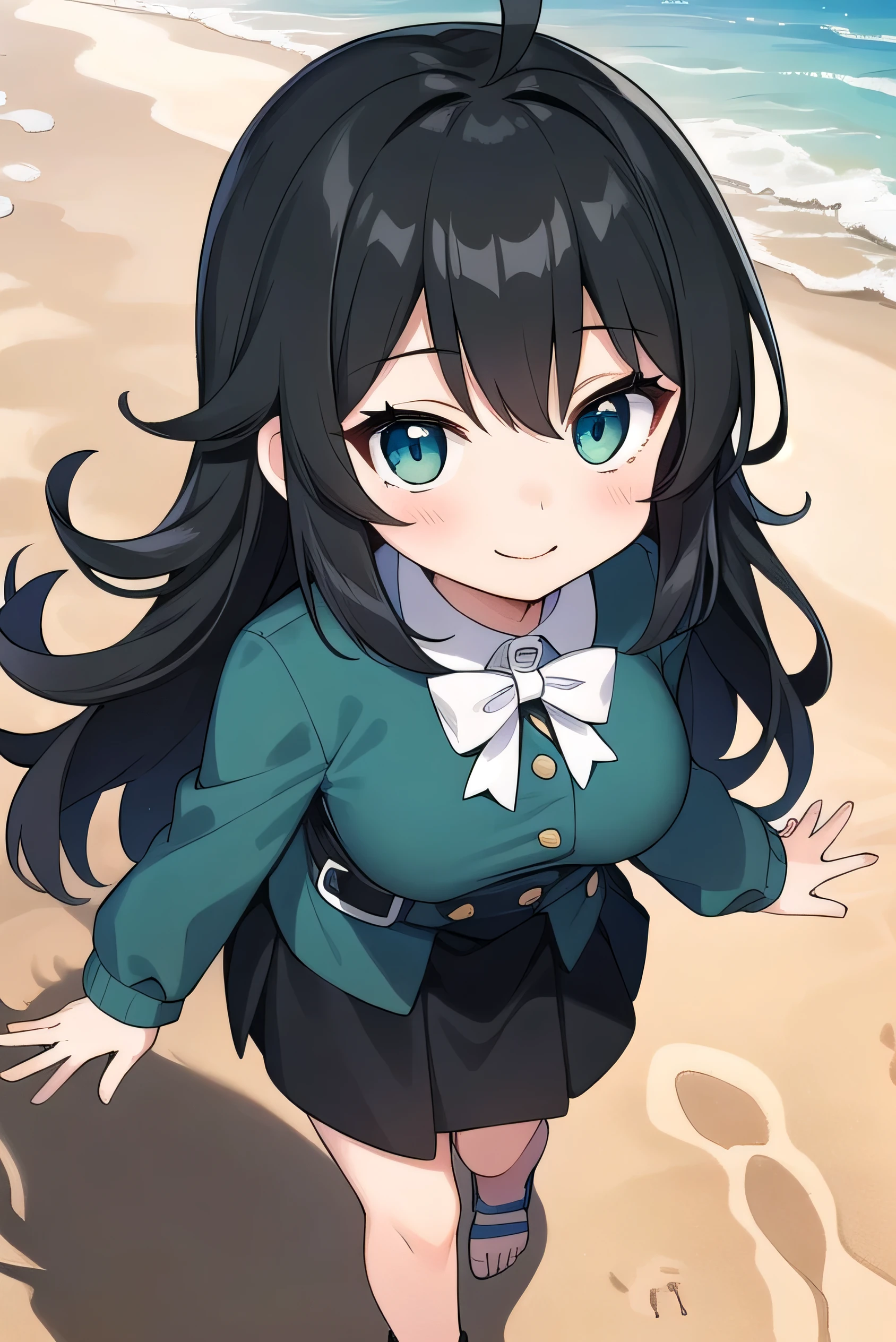 Junior high school student who looks like an elementary school student, 14 years old, very short, 140 cm tall, black hair with a slight green tinge, short ahoge, beautiful long hair but with a little hair sticking out, beautiful round eyes, blue eyes, smile, boyish, long sleeves, Thick clothes, skirt, big breasts, hair longer than waist, long hair, childish face, gentle smile, a little shy, black skirt, black hair with a slight green tinge, boyish, gentle smile, jacket one size larger, ( Deep greenish black hair: 1.3),sandy beach, walking, (footprints:1.5)