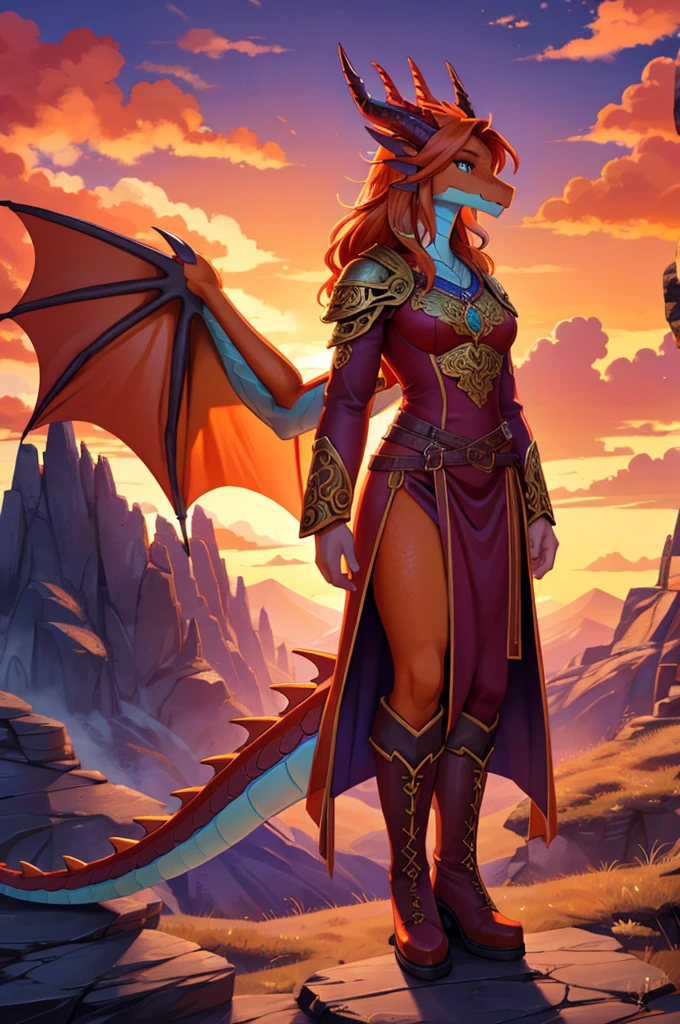 bright colors, fantasy style art, beautiful anthropomorphic female dragon, mature and young, tall character, 5 feet 11 inches tall, dragon body, dragon head, dragon snout, dragon eyes, dragon skin, long wavy bright orange hair, shapely body, skinny body, healthy body, orange scaly dragon skin, highly detailed scales, covered in orange scales, purple and red warrior outfit, ornate red clothes, fancy purple patterns and symbols, 2 red dress coattails hanging down her sides, high brown leather boots, long draping red sleeves, 2 large orange dragon wings, wings on both sides, orange dragon horns, standing on top of a mountain, at the mountain peak, sunset, brilliant cloudy sky, sunset lighting up the clouds, high quality digital art, 2k, professional illustration, highly detailed