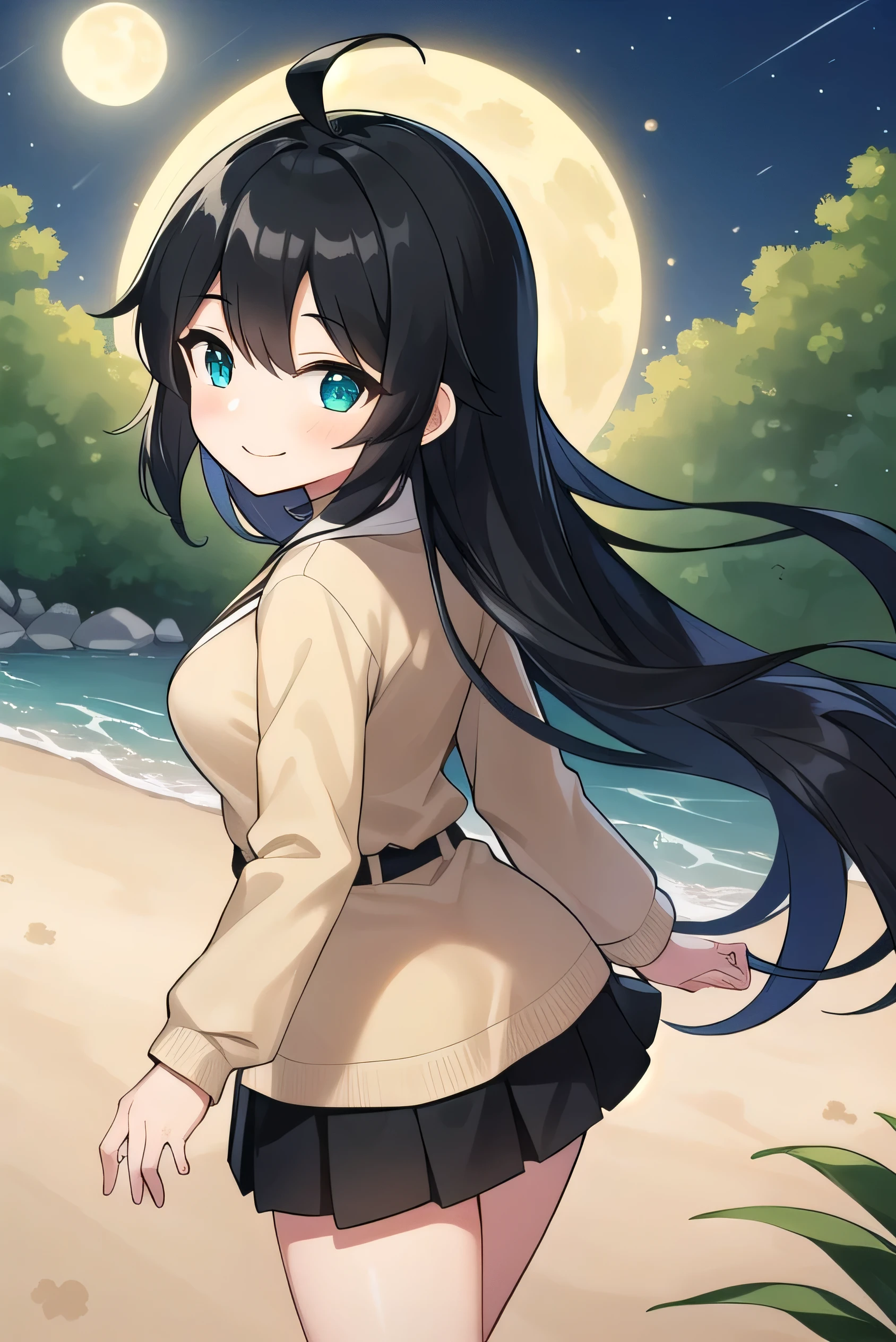  high schoolooks like an elementary school st short, 140 cm tall, black slight green tinge, short ahoge, beautiful long hair but with a little hair sticking out, beautiful round eyes, blue eyes, smile, boyish, long sleeves, Thick clothes, skirt, big breasts, hair longer than waist, long hair, childish face, gentle smile, a little shy, black skirt, black hair with a slight green tinge, boyish, gentle smile, jacket one size larger, ( Deep greenish black hair: 1.3),Night, moonlight, sandy beach, walking, looking back, looking back, (footprints:1.2)
