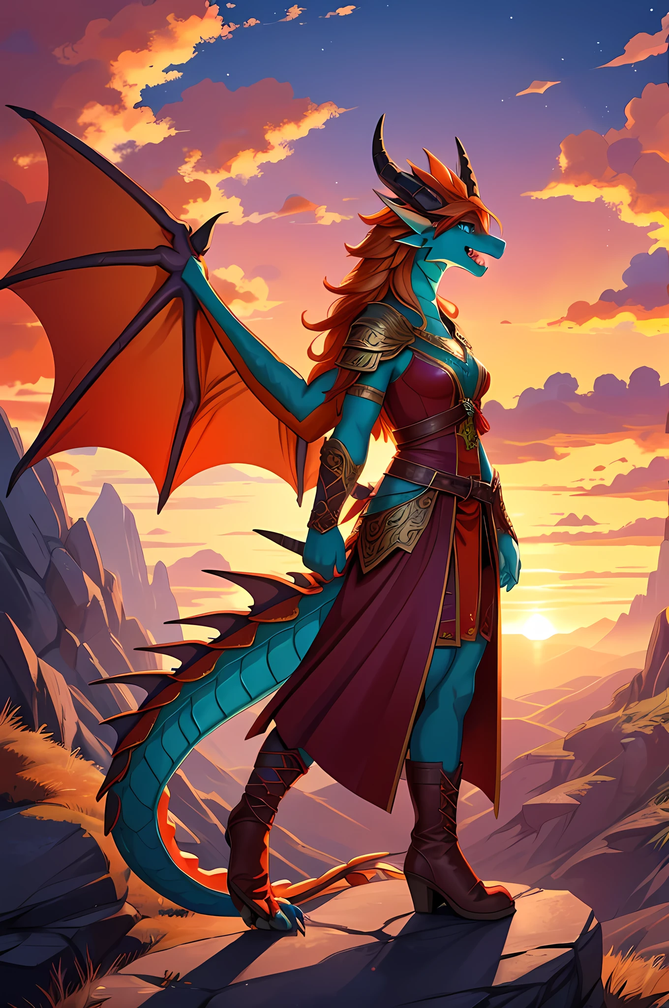 side view, 2D, bright colors, fantasy style art, beautiful anthropomorphic female dragon, mature and young, tall character, 5 feet 11 inches tall, dragon body, dragon head, dragon snout, dragon eyes, dragon skin, long wavy bright orange hair, bright teal eyes, sparkling teal eyes, shapely body, skinny body, healthy body, orange scaly dragon skin, highly detailed scales, covered in orange scales, purple and red warrior outfit, ornate red clothes, fancy purple patterns and symbols, 2 red dress coattails hanging down her sides, high brown leather boots, long draping red sleeves, 2 large orange dragon wings, wings on both sides, orange dragon horns, shouting, roaring, angry pose, yelling, head raised, revenge, desperation, desperate pose, throwing head back, standing on top of a mountain, at the mountain peak, sunset, brilliant cloudy sky, sunset lighting up the clouds, high quality digital art, 2k, professional illustration, highly detailed