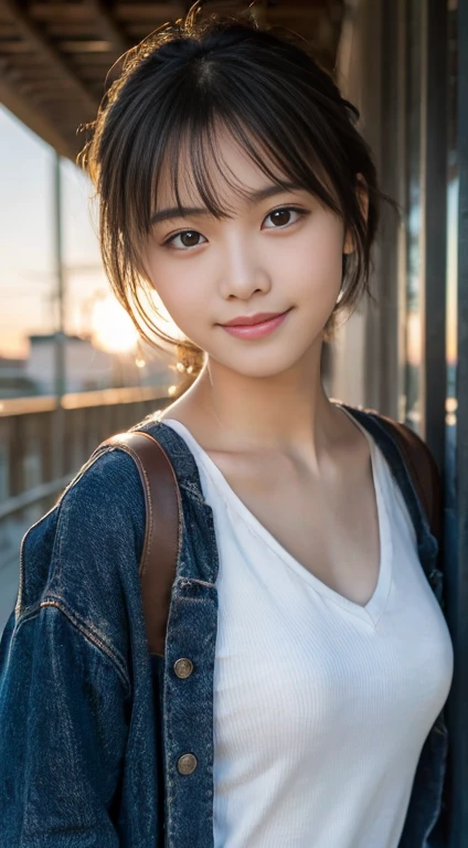 (highest quality,8K quality,masterpiece:1.3),(Ultra-high resolution,Photorealistic:1.4,RAW Photos),(Very detailed,Caustics,Detailed Background),(Ultra-Realistic Capture,Fine and beautiful skin,Perfect Anatomy),At dusk,Sunset sky,School building,Schoolyard,17 years old,cute,single eyelid,Black short bob,Neat and clean clothing,Looking at the camera,smile,Bust up shot,Natural soft light,(Small chest:1.2)