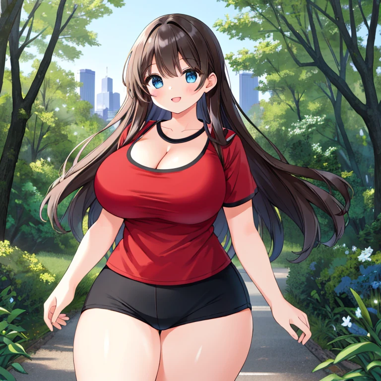 (((Best Quality))), ((Masterpiece)), ((Perfect Anatomy)), ((Perfect Hands)), ((Accurately Weathered Clothing)), ((Best Resolution)), (((Highest Detail))), ((Accurate Clothes)), (Proper Color Usage), (((1girl))),         A Beautiful Cute Girl, with (Long Brunette Hair), (Big Beautiful Blue Eyes), (Giant Breasts), Extremely Huge Breasts, (Extra Large Thighs), (Extra Thick Thighs), Big Cleavage, Very Athletic and Fit figure, but still Very Curvy Body. Wearing a (Red Gym Shirt), Black Gym Shorts. Walking in the woods, with a barely visible Cityscape in the distance, with a happy expression. 