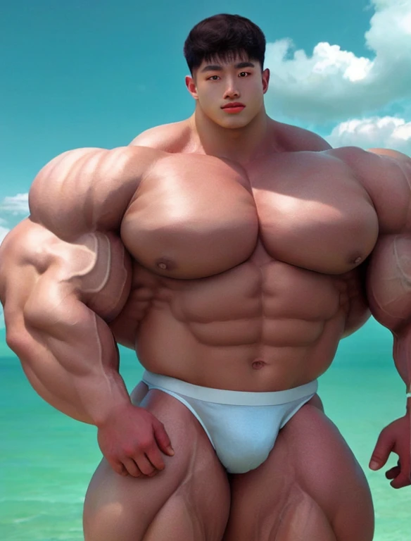 1 korean boy, stylish haircut, giant, model shoot style, looking at camera, standing, cool ambience, outdoor, summer season, at the ocean lagoon, cloudy sky, strong body, bulk, large size, standing, white triangular underwear, prominent bulge, big, brutalmass, giant, muscular body, bulk, massive body, large meaty body size, brown skin, intricate detail, 8K