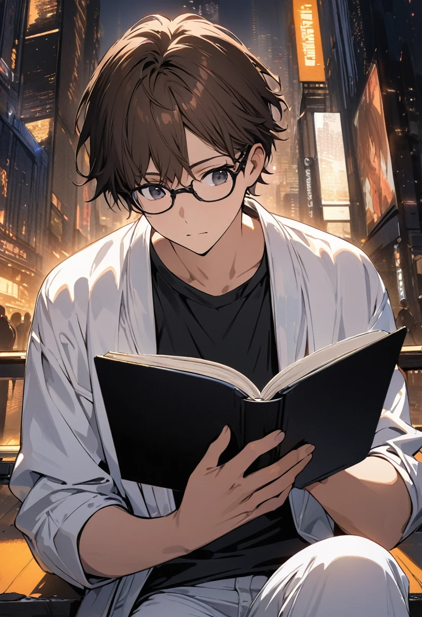 (BEST QUALITY), (MASTERPIECE), illustration, Extremely_detail, 4k wallpaper , midnight, man, white jacket, black T-shirt, white jeans, 18 years old , brown Hair, short hair, black eyes, eye glasses, reading a book, black book, smart, Background of the city