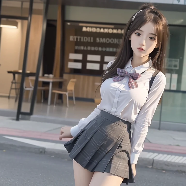 (8K,best qualtiy,tmasterpiece:1.2),realisticlying,Ultra-high resolution,intricately details, 1girll,beautiful face,JK,neck bowtie,Skirt,Plaid skirts,pleatedskirt,Superskirt,Big breasts Thin waist,Bigchest,standing on your feet,wide wide shot,hyper realistic ,hyper realistic ,Realistic anime 3 D style,Realistic ,Smooth anime CG art,3D anime realistic,Beautiful Anime High School Girls,sakimichan hdri,Magical school,Photorealistic anime,Realistic young anime girl(8K,best qualtiy,tmasterpiece:1.2),realisticlying,Ultra-high resolution,intricately details, 1girll, beauitful face,