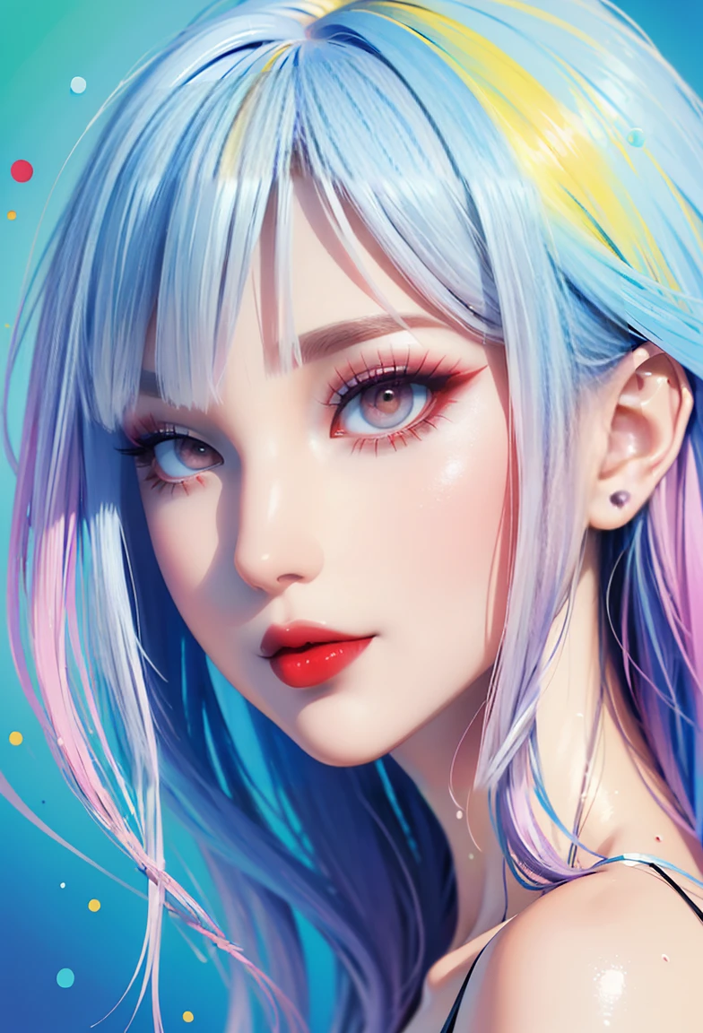 (((masterpiece))),(((best quality))),((Super detailed)),(illustration),(Dynamic Angle), ((floating)),(painting),((Messy hair)), (Solitary),(1 Girl), ((small_breast)), (((Detailed anima face))),((Beautiful and delicate face)),collar,Bare shoulders, white hair, ((Colorful hair)),((Striped hair)), Beautiful and delicate eyes,(Gradient eyes),(((Colored eyes))), (((Color Background))),(((High Saturation))),(((Surrounded by colorful water splashes))),(((Colored dots around))),Colorful bubbles,((shining))
