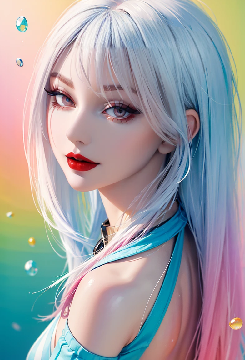 (((masterpiece))),(((best quality))),((Super detailed)),(illustration),(Dynamic Angle), ((floating)),(painting),((Messy hair)), (Solitary),(1 Girl), ((small_breast)), (((Detailed anima face))),((Beautiful and delicate face)),collar,Bare shoulders, white hair, ((Colorful hair)),((Striped hair)), Beautiful and delicate eyes,(Gradient eyes),(((Colored eyes))), (((Color Background))),(((High Saturation))),(((Surrounded by colorful water splashes))),(((Colored dots around))),Colorful bubbles,((shining))