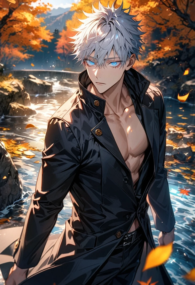 Ultra detailed, highres, absurdres, HDR, Gojo Satoru, white short hair with bangs, hair between the eyes, expressive blue eyes, white eyelashes, black round sunglasses, Jujutsu Kaisen, water, autumn, petals, orange and yellow leaves, sexy man, solo, extremely handsome, very detailed face and eyes, black shirt, black long coat, black pants, toned chest,