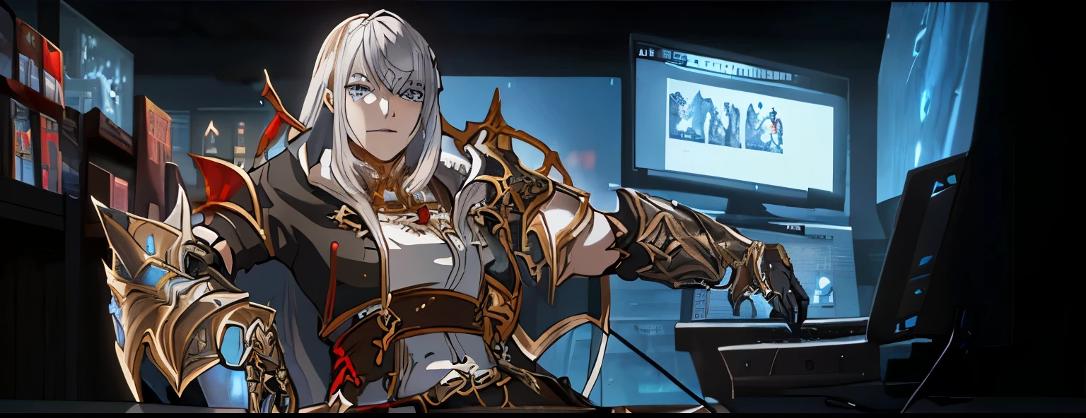Warrior de lineage 2 un mmorpg jugando en una computadora en la vida real, con una armadura dynasty heavy puesta.