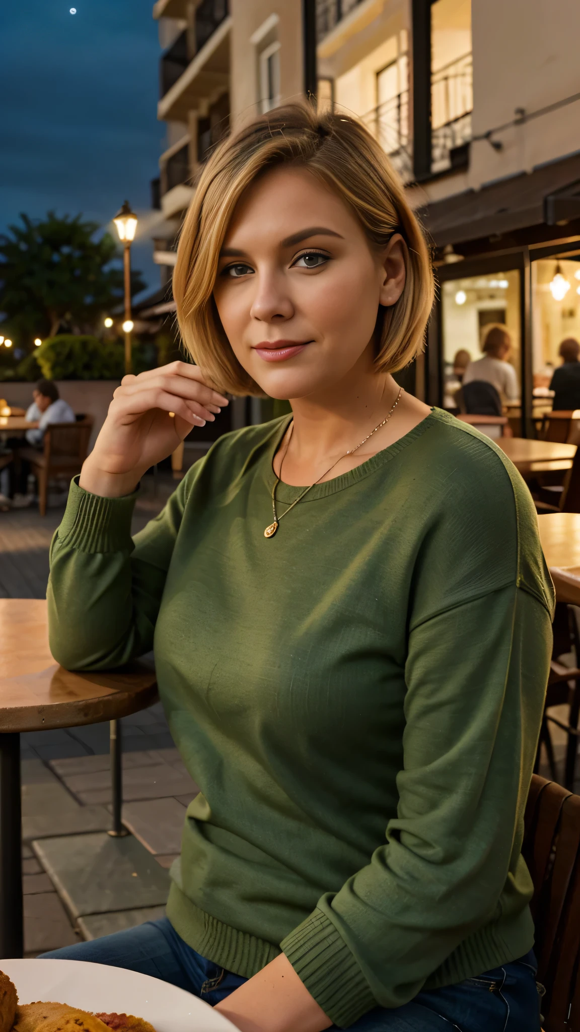 mulher loira madura, olhos verdes, 50 anos, (mais tamanho) com cabelo curto bob, good hand, she is wearing warm clothes, sitting at a table on the terrace of a restaurant at the top of a building, observing a night in São Paulo