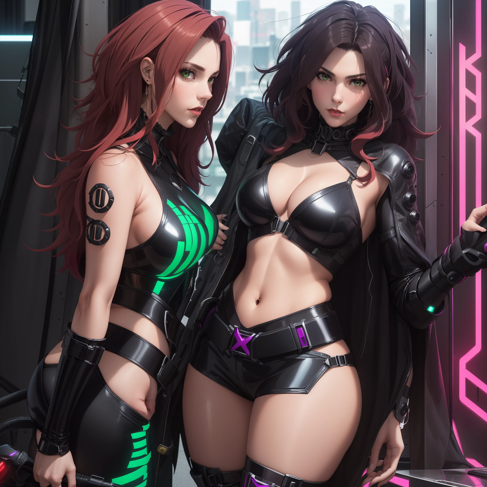 A 30-year-old woman, cabello rojo ondulado, piel clara, ojos verdes como esmeraldas, pechos grandes, Cyberpunk glossy latex set negro, selfi, , pechos grandes. cuerpo completo. manos perfectas.