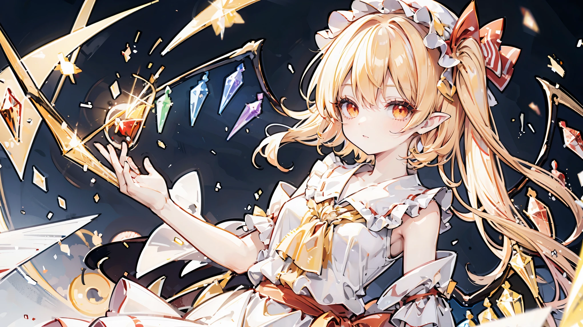 Flandre Scarlet (Touhou Project), yellow paper, long ponytail, crystal wings, hat, orange eyes