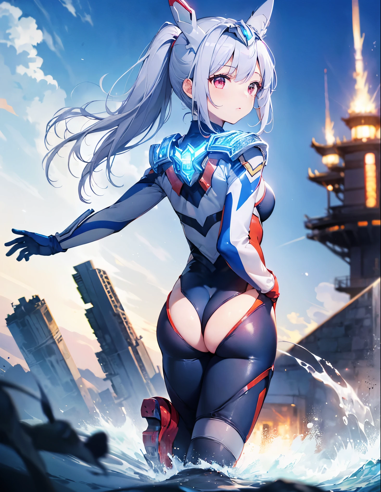 (Close-up:1.3),Realistic,highest quality, Ultra Detail, High-quality CG rendering, The most delicate and beautiful, Floating softly, High resolution, (1 girl), (Highest quality,4K,8K,masterpiece:1.2) ,Light purple hair,Rabbit,Bunny ears,ponytail,Red eyes,(Ultra Girl:1.0),(Bright blue Ultraman bodysuit:1.4),(Blue gloves:1.3),(Blue shoes:1.3), (Turn your back to your audience:1.3),Ass,(背中にウサギのAss尾:1.5),(whole body:1.3)
