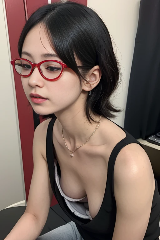 、Down blouse , munechira,(((Small breasts))),Flat Chest , Bend your body , From above , close, necklace , Detailed Bra Overlap T-Shirt, short hair,8k, highest quality, masterpiece, Ultra-high resolution, (realism: 1.4), Original photo, (Real skin texture: 1.3)、Red frame glasses、Young face、Young body、mini skirt(masterpiece:1.2, highest quality), (Very detailed:1.3), One Girl,short hair, Sexy lips, close your eyes, to kiss