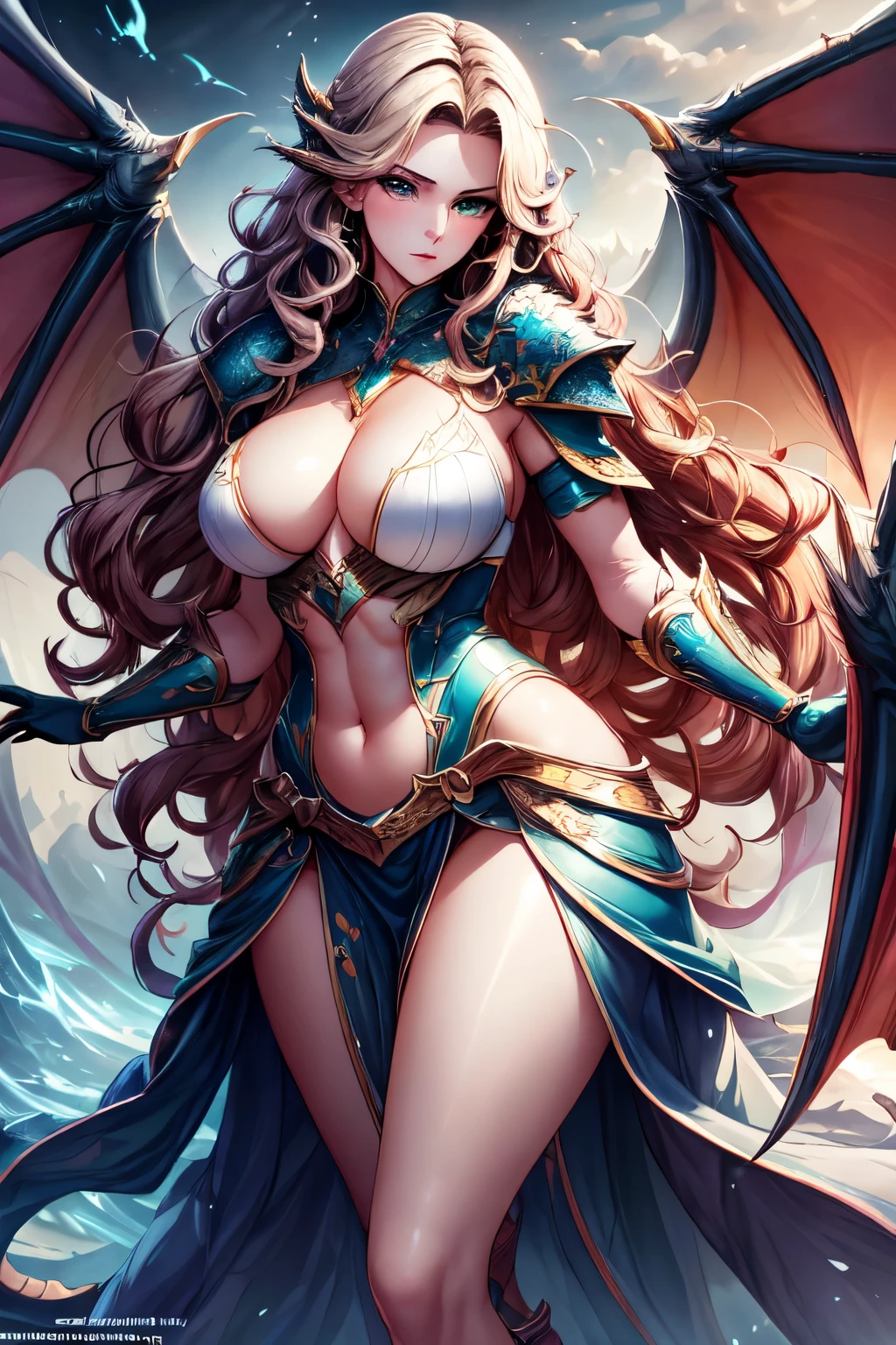 An ultra-detailed illustration of a fair-skinned girl with wavy blonde hair and green eyes. She is wearing highly detailed, typical fantasy world clothing, such as a stylized dress or intricately designed armor. Additionally, she has imposing, realistic dragon wings and beautifully textured dragon scales scattered across her body, adding a magical and mysterious touch to her appearance. The background of the image should be transparent. Use high resolution, vibrant colors, and sharp details to enhance the overall quality of the image.