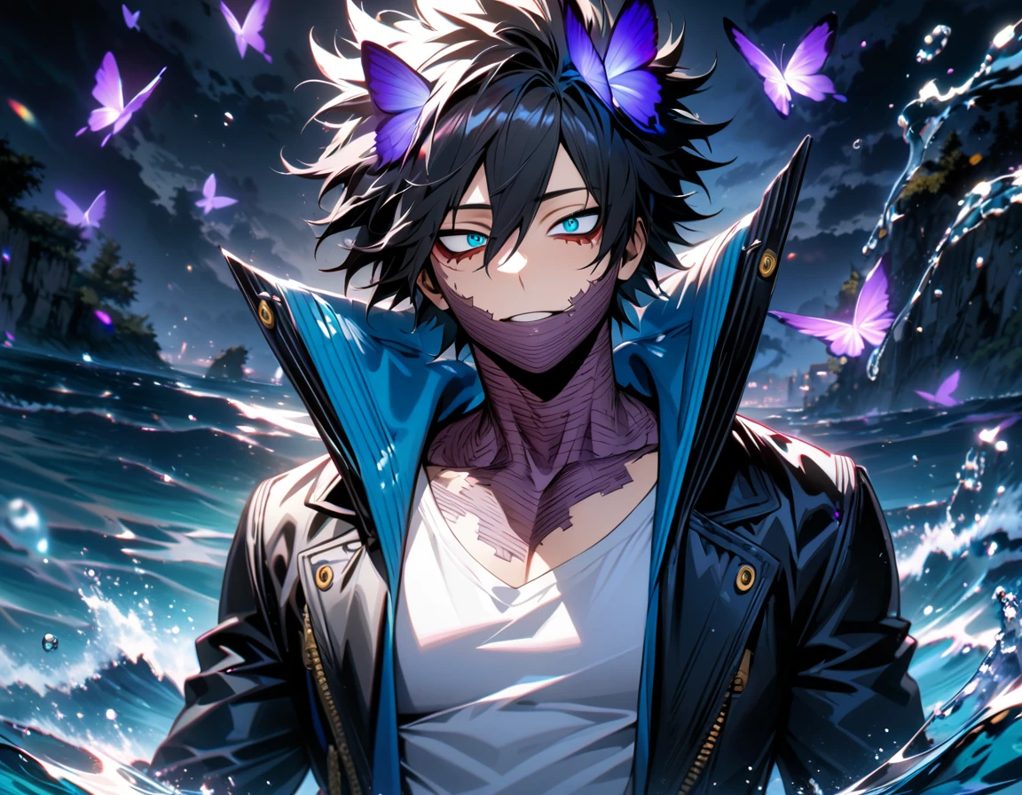absurdres, highres, ultra detailed, HDR, master piece, detailed picture, extremely detailed face and eyes, Dabi, he has black hair that spikes upward around his head, hair between the eyes, vibrant turquoise eyes, Boku no Hero Academia, solo, sexy man, handsome, black coat, white shirt, black gloves, water, purple butterflies, purple flowers