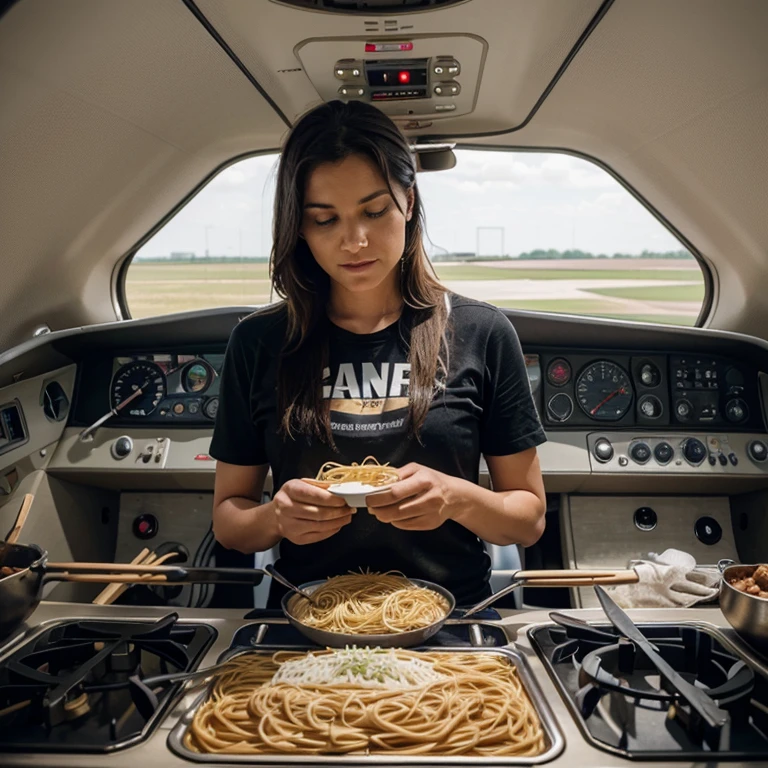 I want one in The pilot is going to cook spaghetti while flying the plane.