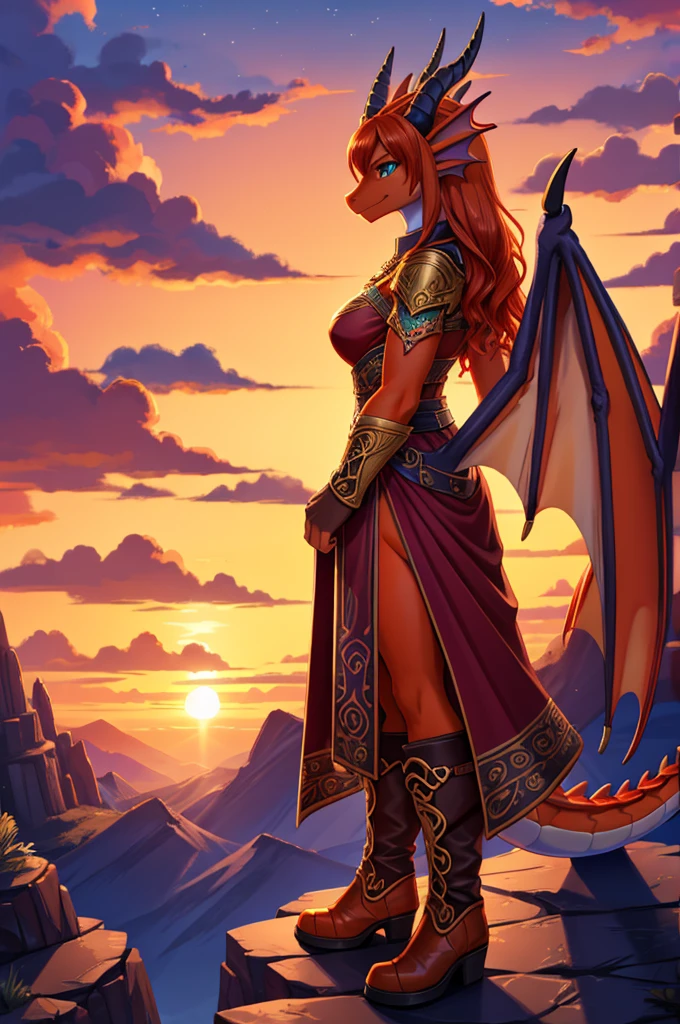 bright colors, fantasy style art, beautiful anthropomorphic female dragon, mature and young, tall character, 5 feet 11 inches tall, dragon body, dragon head, dragon snout, dragon eyes, dragon skin, teal eyes, orange skin, long wavy bright orange hair, shapely body, skinny body, healthy body, orange scaly dragon skin, highly detailed scales, covered in orange scales, purple and red warrior outfit, ornate red clothes, fancy purple patterns and symbols, 2 red dress coattails hanging down her sides, high brown leather boots, long draping red sleeves, 2 large orange dragon wings, wings on both sides, orange dragon horns, standing on top of a mountain, at the mountain peak, sunset, brilliant cloudy sky, sunset lighting up the clouds, high quality digital art, 2k, professional illustration, highly detailed