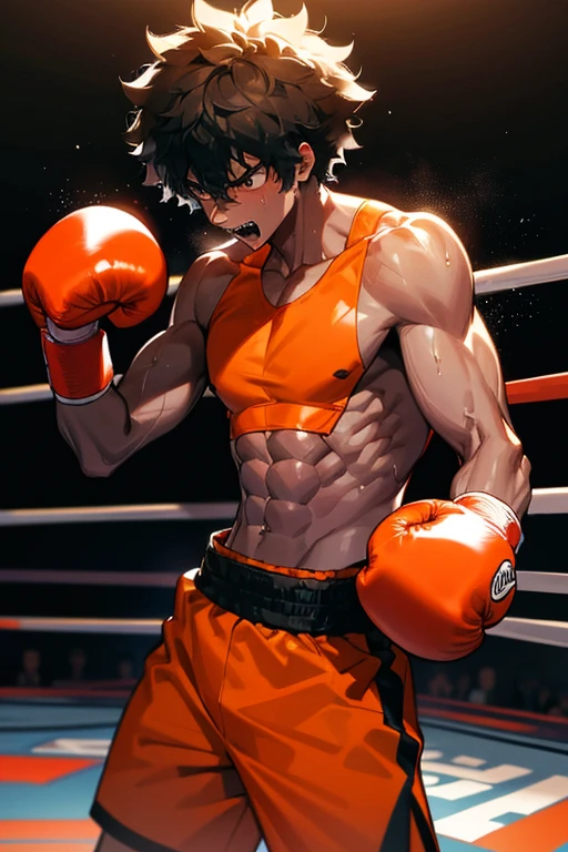 A black male with a black afro, wearing orange boxing gloves in a boxing match, boxing pose, abs, sharp teeth, muscle, sweat