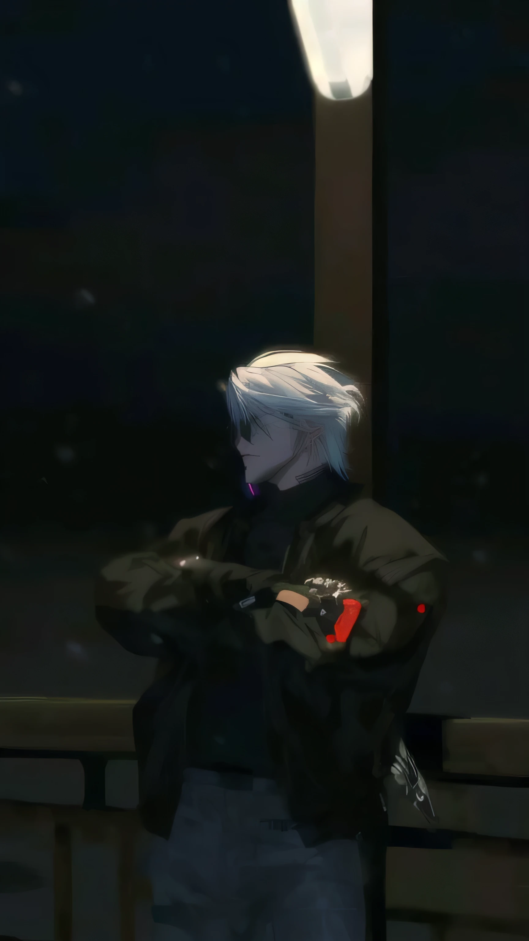 there is a man standing on a bridge at night with his arms crossed, jetstream sam from metal gear, styled like ghost in the shell, thancred waters in style of wlop, raiden metal gear, in cyber punk 2077, in game, metal gear solid anime cyberpunk, second life avatar, white haired, he has dark grey hairs