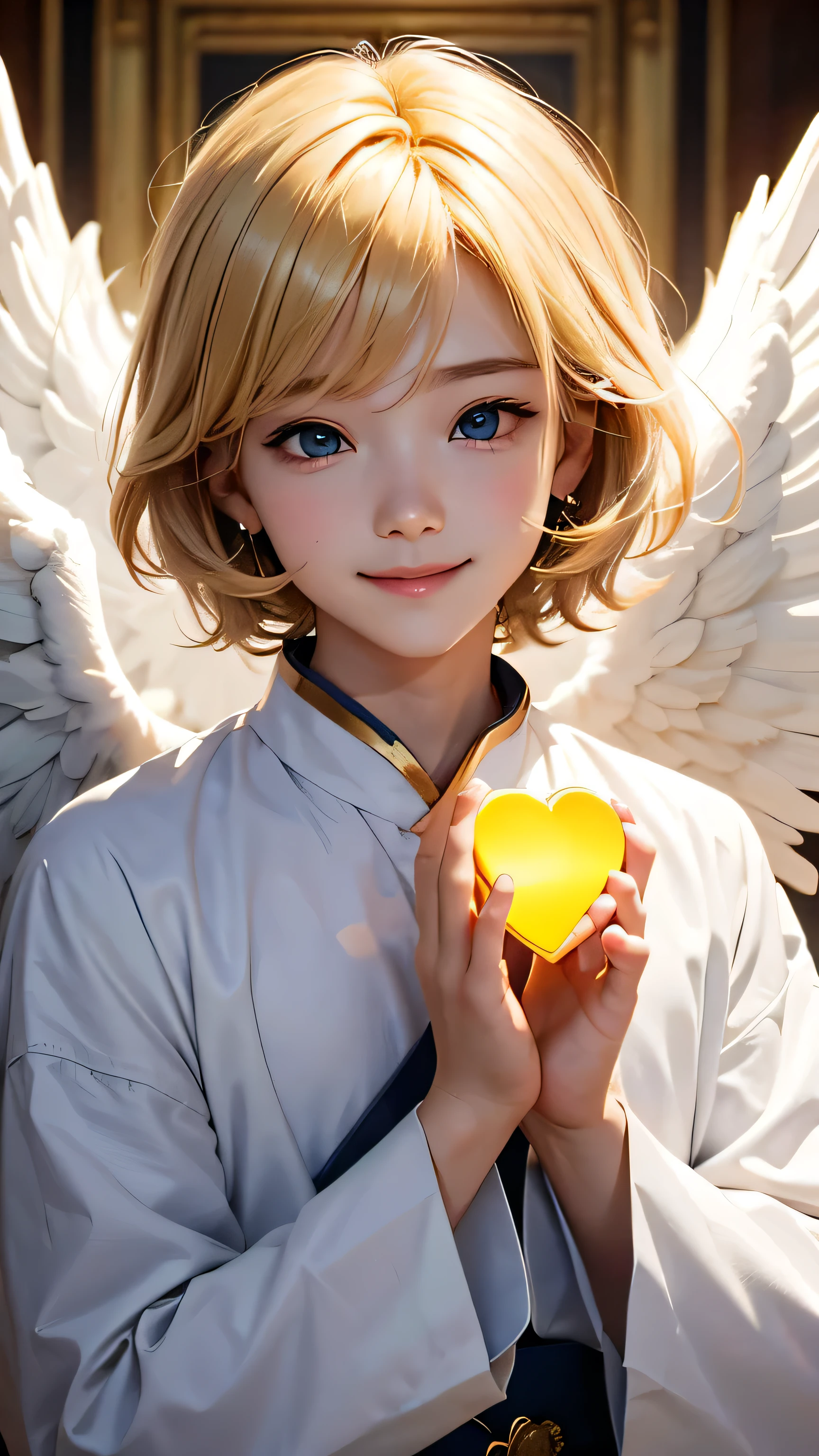 A boy angel who serves the Sun Goddess。 Make a big heart with your hands、He puts his face in it and smiles.。A pose that makes you feel like the king of love。Blonde。Wearing clothes that don&#39;t reveal any skin。The location is a sanctuary bathed in sunlight.。A sacred place bathed in soft, bright light