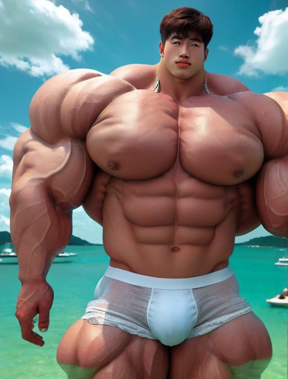 1 korean boy, giant, model shoot style, looking at camera, standing, cool ambience, outdoor, summer season, at the ocean lagoon, cloudy sky, strong body, bulk, large size, standing, white triangular underwear, prominent bulge, big, brutalmass, giant, muscular body, bulk, massive body, large meaty body size, brown skin, intricate detail, 8K