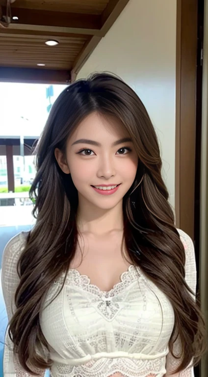 ((Realistic lighting、highest quality、8k、masterpiece:1.3))、Clear focus:1.2、One Girl、Perfect body beauty:1.4、Slim Abs:1.1、whole body、((Dark brown hair、Large Breasts:1.3))、(Acceleration:1.4)、(Fresh、dawn:1.1)、View of Waikiki Beach、Palm tree、Thin face、Beautiful Eyes、double eyelid、Fashion model posing、Floating Hair、High neck and puff sleeves、Victorian style blouse with lace details,A glamorous and elegant impression、meanwhile、Adorable smile
