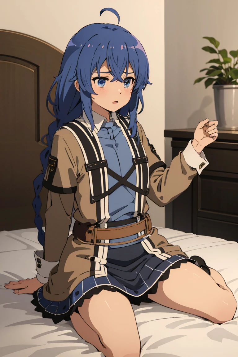 music_Migueldia(Mushoku Tensei)、1 girl, masterpiece、Top quality、blue eyes、dark blue hair、Double braids,,{calm}、{on underwear}、{like}、Brown coat、Plaid skirt、Sartori-Italy、{calm},looking at the audience、{Low Angle}, {Lower Body}、National Foundation, {{Sexy}}、Open your legs, Red and blue、 White,barefoot, on the bed, Open your legs,blush,White裤袜,