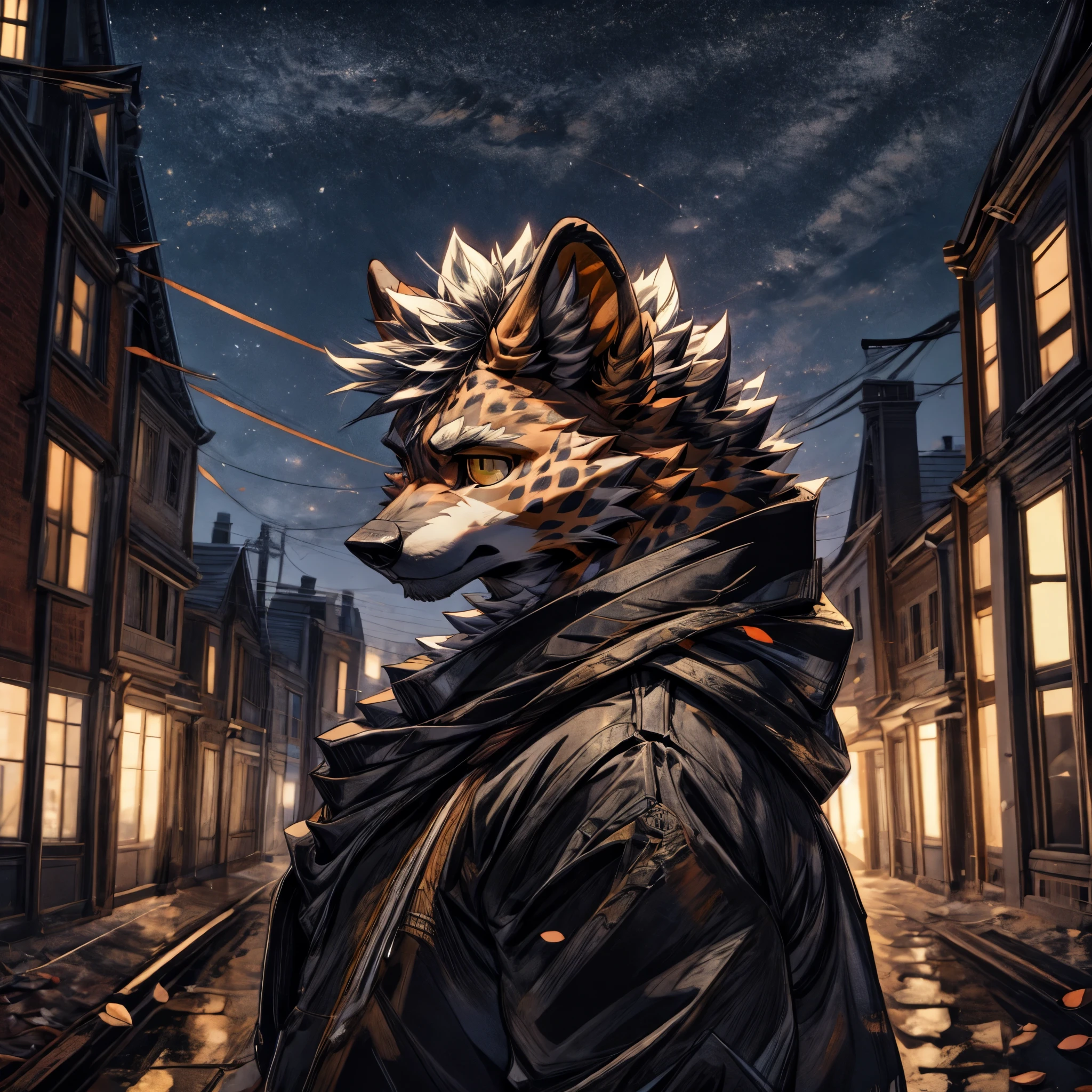 masterpiece,High quality,furry,hyena,red fur,yellow eye,black hoodie,Look upwards,night,Star of the sky,ruined city,roof of the building,Sad face,perfect background