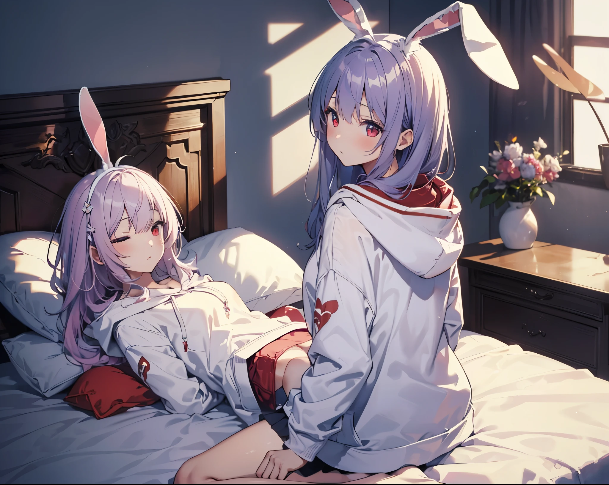 Realistic,highest quality, Ultra Detail, High-quality CG rendering, The most delicate and beautiful, Floating softly, High resolution, (1 girl), (Highest quality,4K,8K,masterpiece:1.2), Light purple hair,Rabbit,(Bunny ears:1.5),(Long Hair:1.2),Red eyes,(White oversized hoodie:1.3),Inside the room,bed,(bedで寝る:1.4),Falling,(Prone:1.5),Sleep,(Turn your back to your audience:1.3)