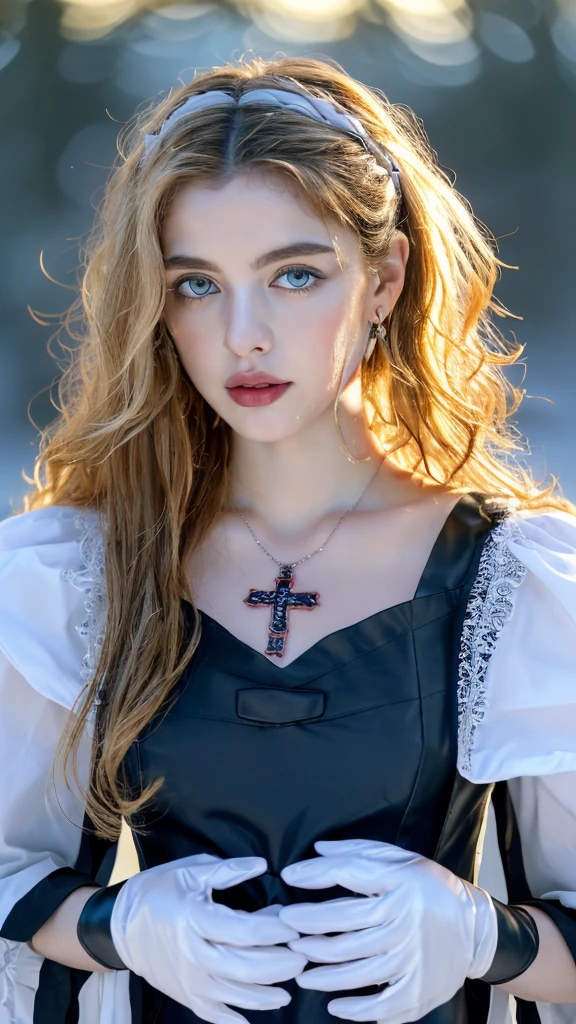 1 miniature Beautiful beautiful woman - Yuan Sayuki, ((top quality, 8K, Masterpiece:1.retty woman, 1 woman, huge breasts:1.3, a slim body:1.1, lush GINGER long hair with 2 buns, (shower, wet body, wet clothes:1.1), very detailed face, detailed lips, detailed eyes, double eyelids, Detailed blue eyes, чрезвычайно Detailed Outstanding Blue Eyes, long GINGER wet hair, GINGER wet hair, Detailed Outstanding Blue Eyes, innocent look at the viewer, very wet wavy white hair, Detailed Outstanding Blue Eyes, huge cross earrings, Outdoors, badges behind, gothic maid uniform,  sexy maid dress, bare chest, huge chest tattoo, detailed huge catholic cross earrings, chest tattoo, Outside, wear a silver cross (Detailed cross shape), reality mode, wet breasts, black necklace, human crowd behind, black latex gloves, hair of white snowy colour, night time, red neon lights, demonic nun, nimbus (golden lighting ring above her head), angel, snowy weather, sexy pose, white lingerie, black maid dress, detailed flower wreath made of different colours, open chest (tattoo on her chest)