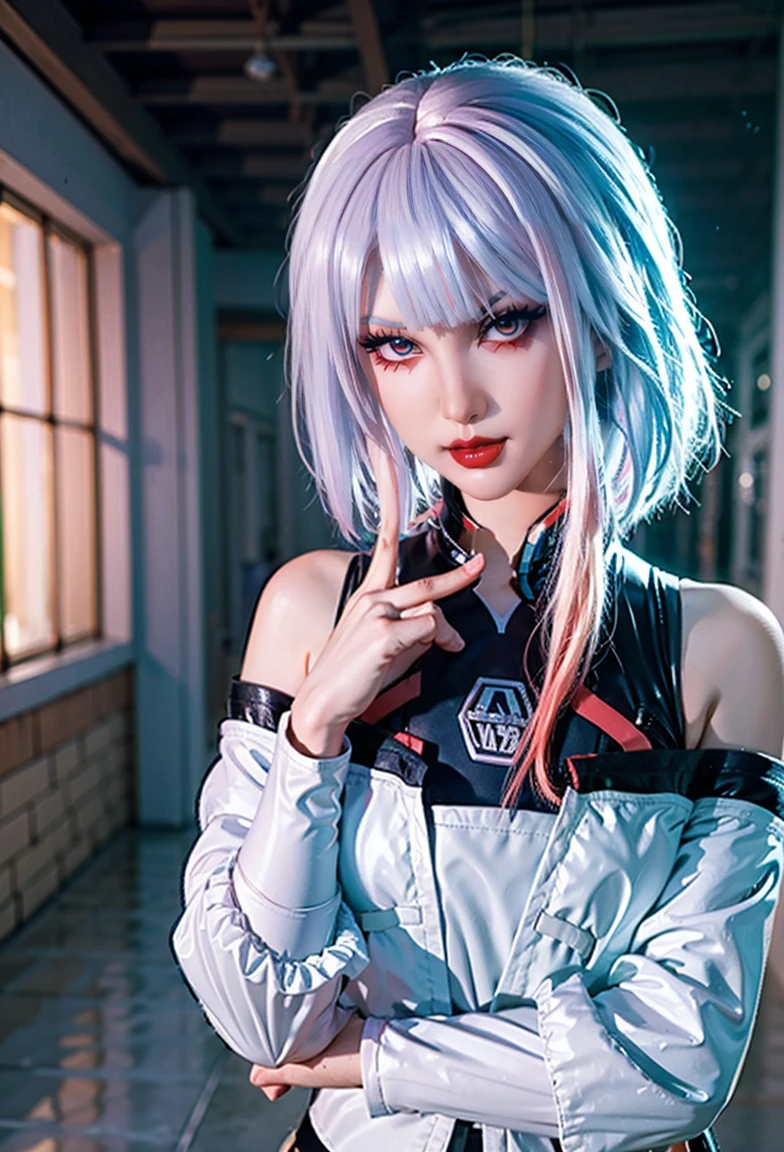 masterpiece, best quality, 4K, Ultra HD, Sansho Castle, , Beautiful eyes and delicate face, illustration, Beautiful and detailed, high resolution illustration, luminescent_White_particle, 1 Girl, White hair, Lilac eyes, Hair covering one eye, Short side details, Baseball cap,Expressionless, curtain, Black jacket, Chest hanging, Cyberpunk, Technical clothing,(Impressionism:1.4)