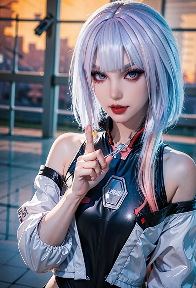 (RAW photo, best quality, masterpiece:1.2), (realistic, photo-realistic:1.4),(masterpiece:1.4),(best quality:1.4),1girl, solo, :d, animal ear headphones, animal ears, arms up, bangs, blush, bodysuit, breasts, bunny pose, clothes writing, covered navel, cowboy shot, cropped jacket, fake animal ears, gloves, outdoor,morning,snow, hair intakes, headphones, impossible bodysuit, impossible clothes, jacket, small breasts, latex, latex bodysuit, long hair, long sleeves, looking at viewer, small breasts, multicolored gloves, open mouth, purple bodysuit, pink eyes, red eyes, red jacket, shiny clothes, shrug \(clothing\), sidelocks, skin tight, smile, thigh gap, thighs, twintails, very long hair, white gloves, white hair,alice \(nikke\),(shiny skin),realistic,