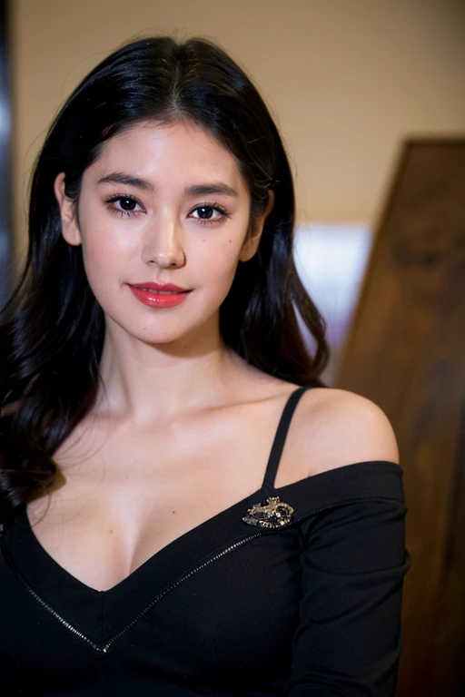 ((highest quality、8k、masterpiece:1.3))、Photorealistic, Sharp focus, high resolution, High resolution,Portraiture, one person、Japanese、woman, beautiful woman, (((black　Off the shoulder　 dress)))、30 years old, Plump, Medium Long Hair,smile