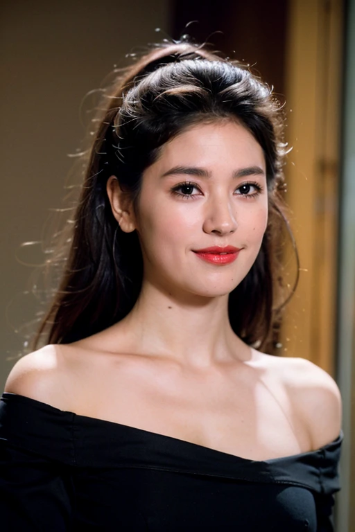 ((highest quality、8k、masterpiece:1.3))、Photorealistic, Sharp focus, high resolution, High resolution,Portraiture, one person、Japanese、woman, beautiful woman, (((black　Off the shoulder　 dress)))、30 years old, Plump, Medium Long Hair,smile