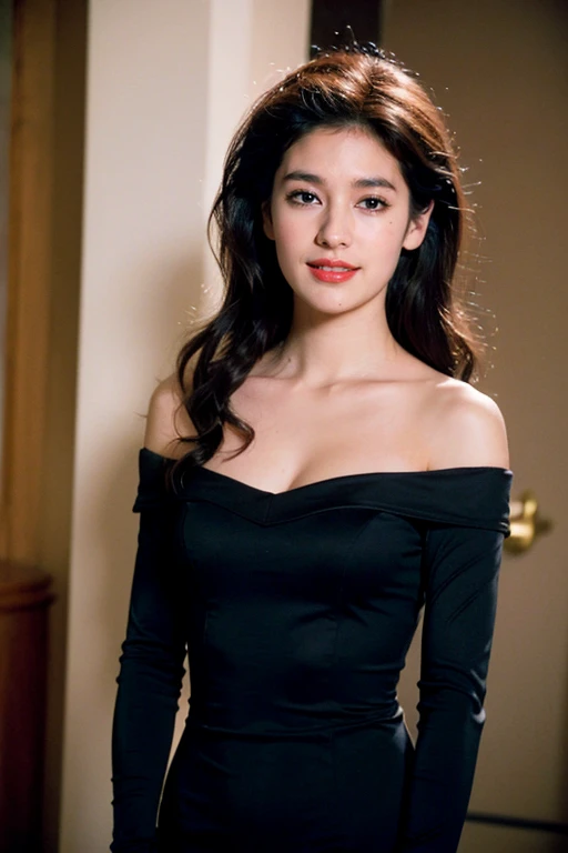 ((highest quality、8k、masterpiece:1.3))、Photorealistic, Sharp focus, high resolution, High resolution,Portraiture, one person、Japanese、woman, beautiful woman, (((black　Off the shoulder　 dress)))、30 years old, Plump, Medium Long Hair,smile