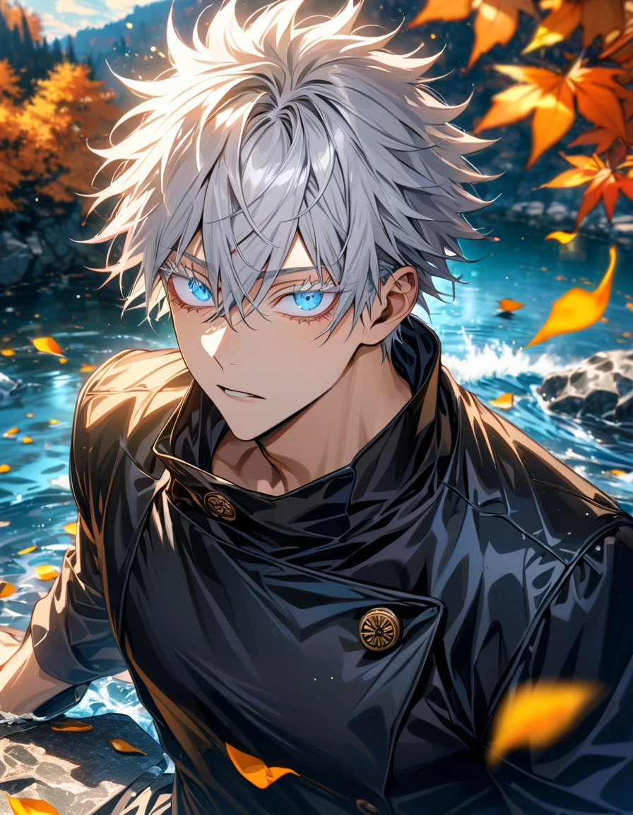 Ultra detailed, highres, absurdres, HDR, Gojo Satoru, white hair short with bangs, hair between the eyes, expressive blue eyes, white eyelashes, black round sunglasses, Jujutsu Kaisen, water, autumn, petals, orange and yellow leaves, sexy man, solo, extremely handsome, very detailed face and eyes, black shirt, black long coat, toned chest,