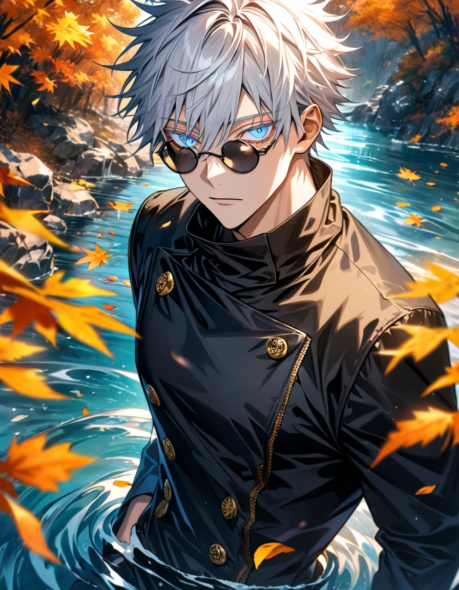 Ultra detailed, highres, absurdres, HDR, Gojo Satoru, white hair short with bangs, hair between the eyes, expressive blue eyes, white eyelashes, black round sunglasses, Jujutsu Kaisen, water, autumn, petals, orange and yellow leaves, sexy man, solo, extremely handsome, very detailed face and eyes, black shirt, black long coat, toned chest,