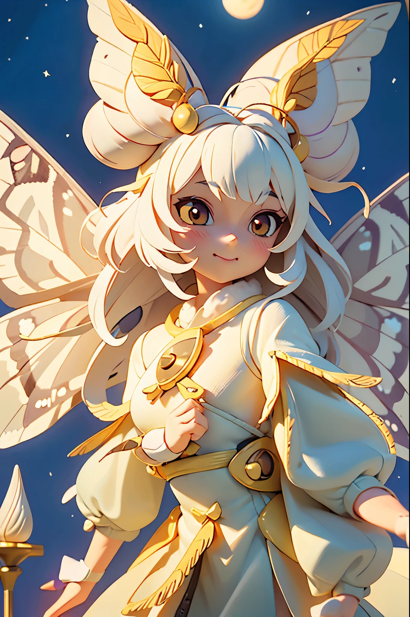 solo,1woman\(cute,kawaii,small kid,skin color white,short white hair,(big moth wing hair:1.7),white dress\(beautiful race\),(2moth antennaes at hair:1.8),smile,[moth wing on back:2.0],[moth wing on body:2.0],[moth wings:2.0],[extra arm],moth wing is only at hair,breast,dynamic pose\),background\(night,moon,((beautiful street light))\), BREAK ,quality\(8k,wallpaper of extremely detailed CG unit, ​masterpiece,hight resolution,top-quality,top-quality real texture skin,hyper realisitic,increase the resolution,RAW photos,best qualtiy,highly detailed,the wallpaper,cinematic lighting,ray trace,golden ratio,\),full body,looking away