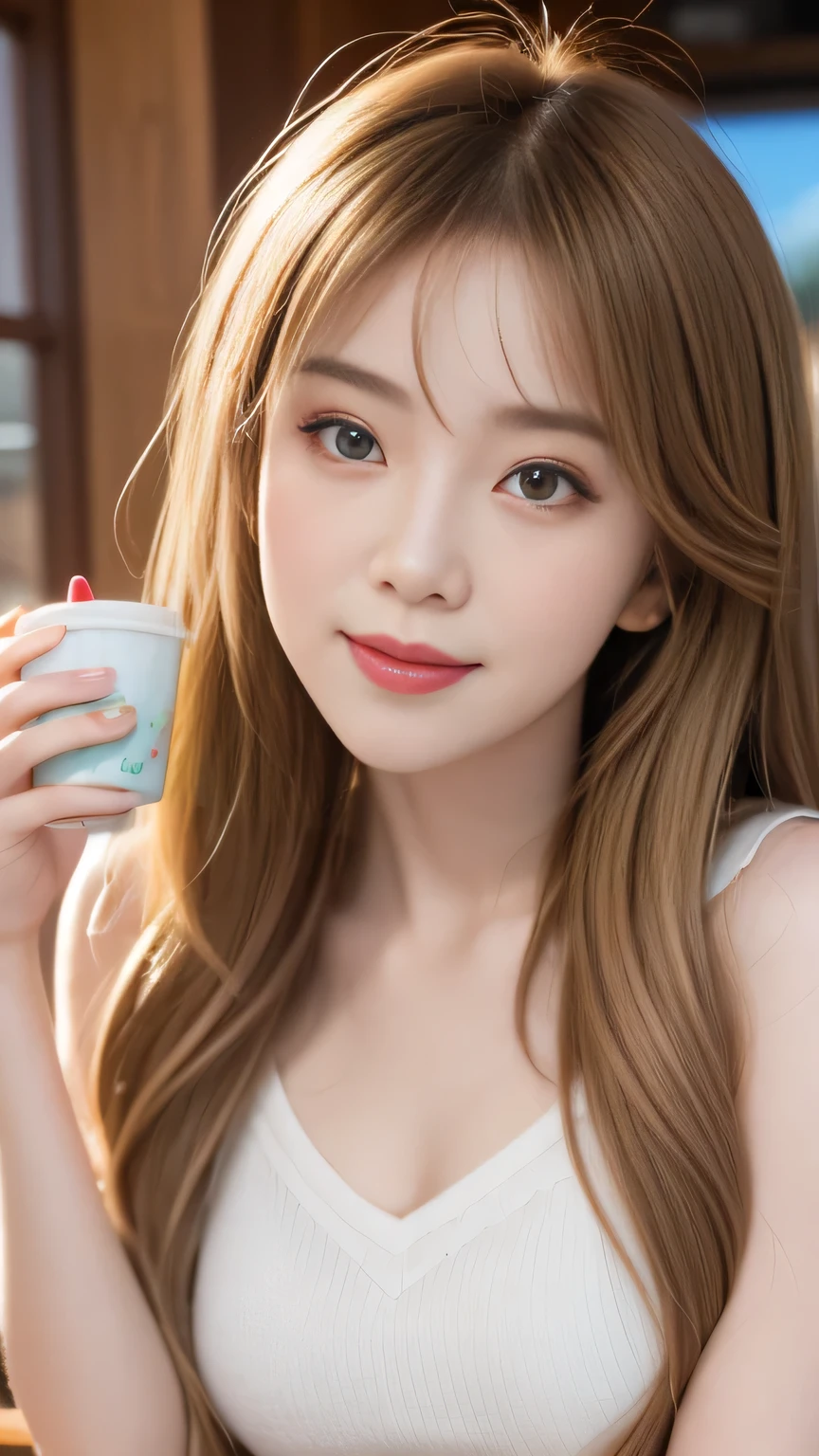 hair bobbles, wince, longeyelashes, solid circle eyes, light smile, ear blush, fang, Surrealism, drop shadow, anaglyph, stereogram, tachi-e, pov, atmospheric perspective, 8k, super detail, ccurate, best quality, award winning, super detail, anatomically correct, UHD, retina, masterpiece, textured skin, ccurate, high quality, high details, best quality, highres,A lady holding a cup of coffee, Anime girls in real life, realistic Young anime girl, portrait of Cute anime girl, Cute and natural anime face, Kawaii realistic portrait, Realistic anime 3D style, Cute kawaii girl, Charming anime girl, Realistic anime, mysterious coffee shop girl, Young anime girl, Cute anime girl, long hair anime girl