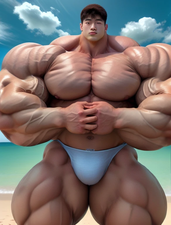 1 korean boy, giant, model shoot style, looking at camera, standing, cool ambience, outdoor, summer season, at the ocean lagoon, cloudy sky, strong body, bulk, large size, standing, white triangular underwear, prominent bulge, big, brutalmass, giant, muscular body, bulk, massive body, large meaty body size, brown skin, intricate detail, 8K