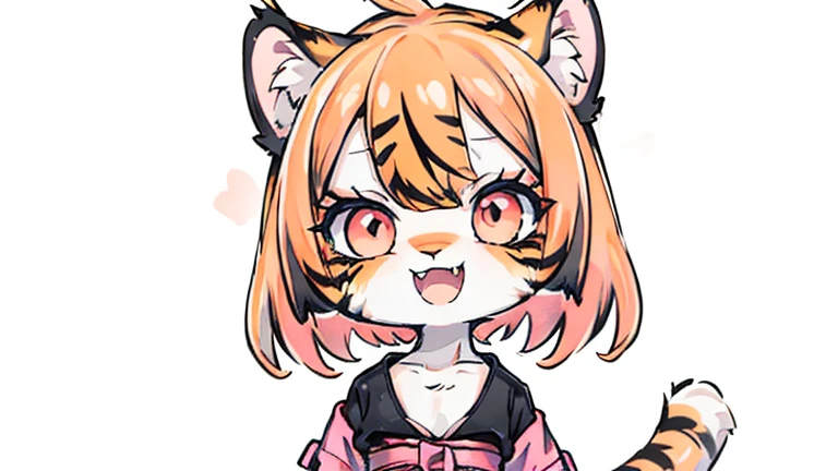 (masterpiece, High quality, Best quality, 8k, High resolution), ((chibii style, chibi cute)), (solo, 1 kid girl), {tiger girl, tiger face, 2 fangs, long eyelashes, eyeliner} {tiger whiskers}, (((Tiger skin all over the body, Tiger stripes on the body))), (orange hair), short hair, hair clip, [[hair clip white flower on hair]], ((very happy)), ((open mouth)), orange eyes, [black pupile], ((looking up)), (very small breasts), thin arms, (one Arm up, one arm down), armpits, ((mini pink T-shirt, full pink T-shirt)), {white shorts}, {{{mini tiger Tail, Tail on the back}}}, (full body), (((standing, jumping chopped angle))), dynamic pose, white background, simple background, ((((Tora-chan no Hanayome style)))), (old anime 40s style), anime style, anime color.