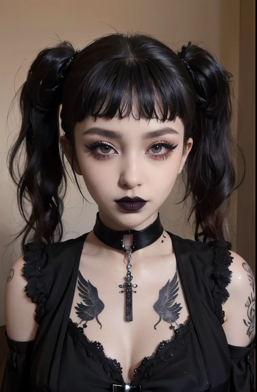 woman, goth, microbangs, black lipstick, eye shadow, winged eyeliner, mascara, smoky eyes, dress, sleeves, choker, pale skins, big breasts, goth bedroom, twintails, mesh sleeves, tattoos, breast tattoo, tattoo on face