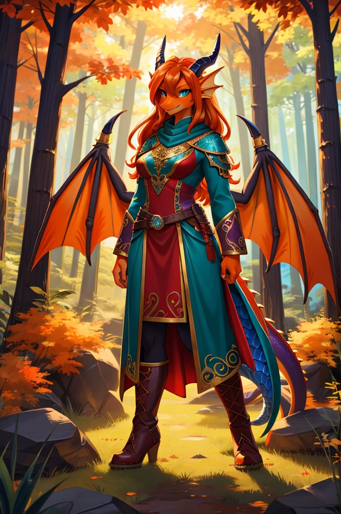 bright colors, fantasy style art, looking at viewer, facing viewer, beautiful anthropomorphic female dragon, mature and young, tall character, 5 feet 11 inches tall, dragon body, dragon head, dragon snout, dragon eyes, dragon skin, teal eyes, orange skin, long wavy bright orange hair, shapely body, skinny body, healthy body, orange scaly dragon skin, highly detailed scales, covered in orange scales, purple and red warrior outfit, ornate red clothes, fancy purple patterns and symbols, 2 red dress coattails hanging down her sides, high brown leather boots, long draping red sleeves, 2 large orange dragon wings, wings on both sides, orange dragon horns, standing in a fantasy forest with blue trees, thick blue woods, golden hour, sunlight coming through the trees, high quality digital art, 2k, professional illustration, highly detailed