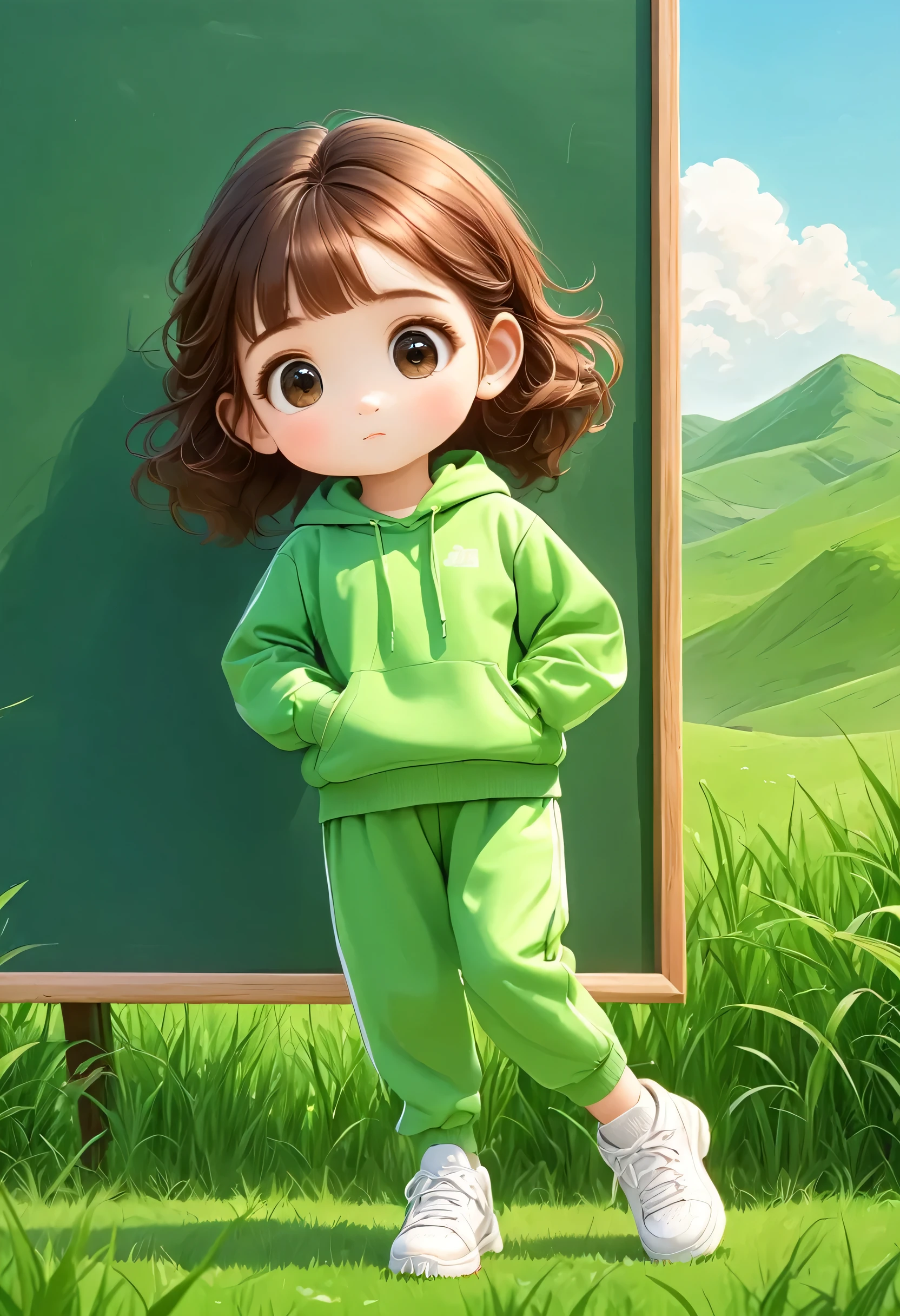 rough texture,Hand-drawn style,Grass:1 girl,Fundo verde claro,Brown hair,blackboard,Double the goodness,slope,slope background,Grass,Green background,Green Theme