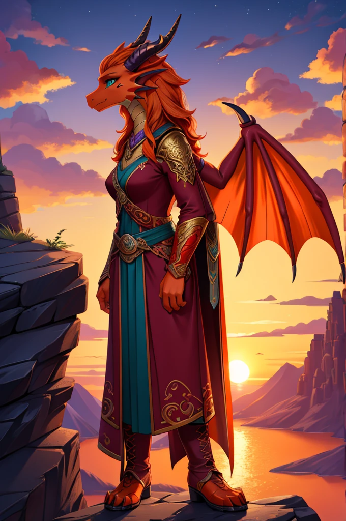 bright colors, fantasy style art, beautiful anthropomorphic female dragon, mature and young, tall character, 5 feet 11 inches tall, dragon body, dragon head, dragon snout, dragon eyes, dragon skin, teal eyes, orange skin, long wavy bright orange hair, shapely body, skinny body, healthy body, orange scaly dragon skin, highly detailed scales, covered in orange scales, purple and red warrior outfit, ornate red clothes, fancy purple patterns and symbols, 2 red dress coattails hanging down her sides, high brown leather boots, long draping red sleeves, 2 large orange dragon wings, wings on both sides, orange dragon horns, standing on top of a mountain, at the mountain peak, sunset, brilliant cloudy sky, sunset lighting up the clouds, high quality digital art, 2k, professional illustration, highly detailed