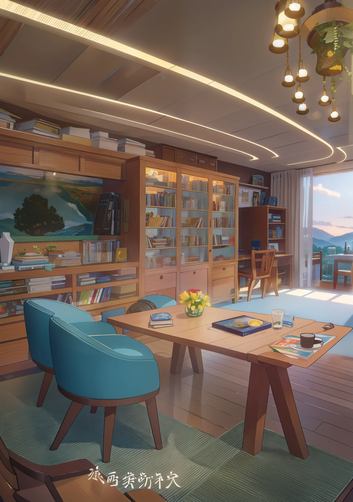 (masterpiece:1.2),best quality, Modern campus,morning,School,Student Union,现代classroom,classroom,classroom,classroom,Modern meeting room, 100mm lens, 3d blender rendering, No humans, landscape, summer, Sky, cloud, ,table,Bookshelf with many books,masterpiece, best quality, Ultra Detailed,HD, HDR, 8k,masterpiece, The bookshelves are full of books, modern furniture, Flower pot with branches, bottle, Glasses, cup, plate, crystal, Bookcases filled with various books, Dishes, emphasize, Exquisite interior, 窗外的landscape, a bridge, Sea, Mountains, Sunset, A city, Neon, morning, floor, A sofa, Pillow, Candlestick, Flowers,